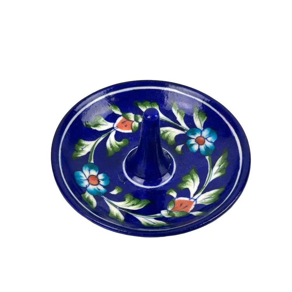 Handmade Pottery Ring Trinket Holder Jewelry Dish Cobalt Blue Floral Home Decor